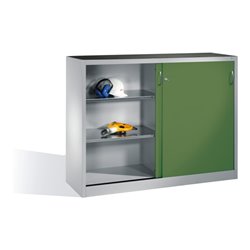 C+P Werkzeug-Beistellschrank mit Schiebetüren, innen 2 x 2 Böden, H1200xB1600xT400mm Front Resedagrün Korpus Lichtgrau