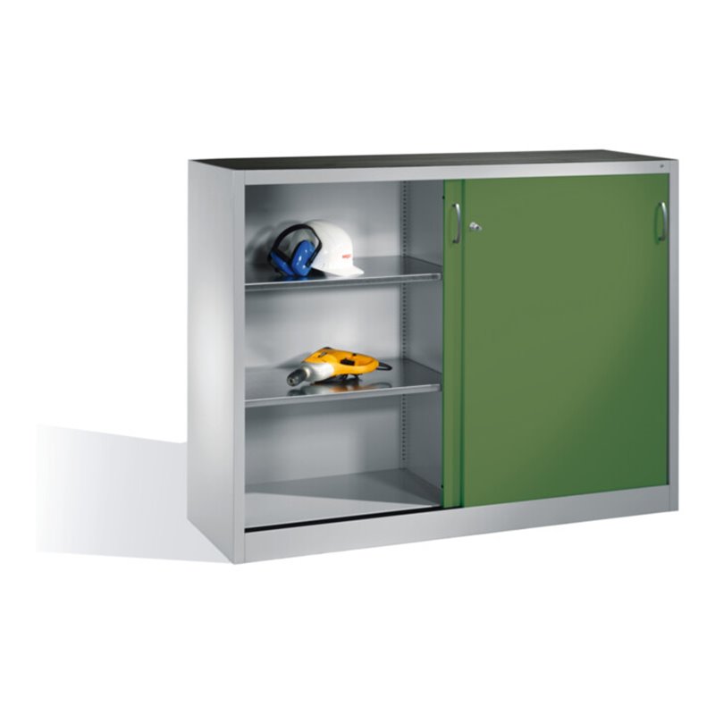 C+P Werkzeug-Beistellschrank mit Schiebetüren, innen 2 x 2 Böden, H1200xB1600xT400mm Front Resedagrün Korpus Lichtgrau