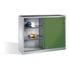C+P Werkzeug-Beistellschrank mit Schiebetüren, innen 2 x 2 Böden, H1200xB1600xT400mm Front Resedagrün Korpus Lichtgrau