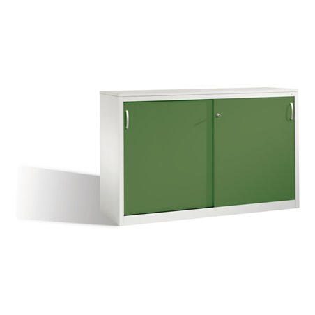 C+P Akten-Sideboard Acurado mit Schiebetüren, 2 x 2 Ordnerhöhen, H1000xB1600xT500mm Front Resedagrün Korpus Lichtgrau