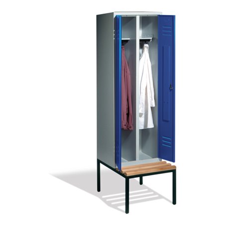 C+P Doppelspind Classic mit Sitzbank, 2 Abteile, H2090xB610xT500/815mm Front Enzianblau Korpus Lichtgrau