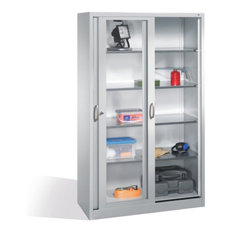 C+P Werkzeugschrank mit Sichtfenster-Schiebetüren, 4 Böden, H1950xB1200xT500mm Front Lichtgrau Korpus Lichtgrau
