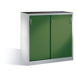 C+P Schwerlast-Beistellschrank mit Schiebetüren, 2 Böden, H1200xB1200xT500mm Front Resedagrün Korpus Lichtgrau