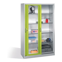 C+P Werkzeugschrank mit Sichtfenster-Schiebetüren, 4 Böden, H1950xB1200xT500mm Front Viridingrün Korpus Lichtgrau