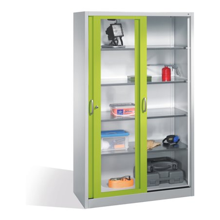 C+P Werkzeugschrank mit Sichtfenster-Schiebetüren, 4 Böden, H1950xB1200xT500mm Front Viridingrün Korpus Lichtgrau