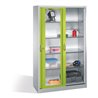C+P Werkzeugschrank mit Sichtfenster-Schiebetüren, 4 Böden, H1950xB1200xT500mm Front Viridingrün Korpus Lichtgrau