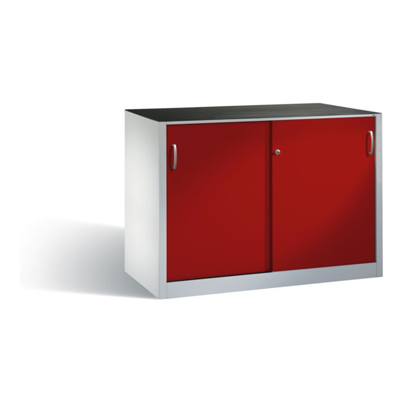 C+P Schwerlast-Beistellschrank mit Schiebetüren, 2 x 1 Boden, H1000xB1600xT500mm Front Rubinrot Korpus Lichtgrau