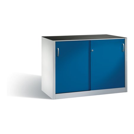 C+P Schwerlast-Beistellschrank mit Schiebetüren, 2 x 1 Boden, H1000xB1600xT500mm Front Enzianblau Korpus Lichtgrau