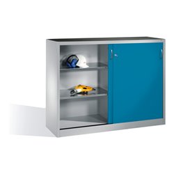 C+P Werkzeug-Beistellschrank mit Schiebetüren, innen 2 x 2 Böden, H1200xB1600xT400mm Front Lichtblau Korpus Lichtgrau