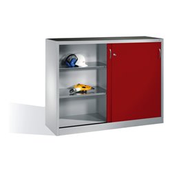 C+P Werkzeug-Beistellschrank mit Schiebetüren, innen 2 x 2 Böden, H1200xB1600xT400mm Front Rubinrot Korpus Lichtgrau