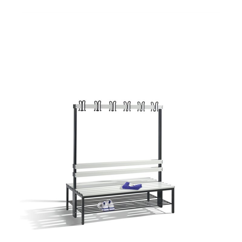 C+P Doppelseitige Garderobenbank Basic mit Schuhrost, H1650xB1500xT756mm, Schwarzgrau/Lichtgrau