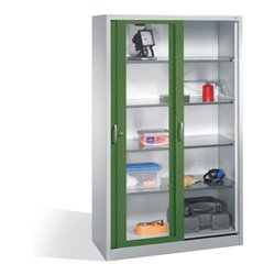 C+P Werkzeugschrank mit Sichtfenster-Schiebetüren, 4 Böden, H1950xB1200xT500mm Front Resedagrün Korpus Lichtgrau