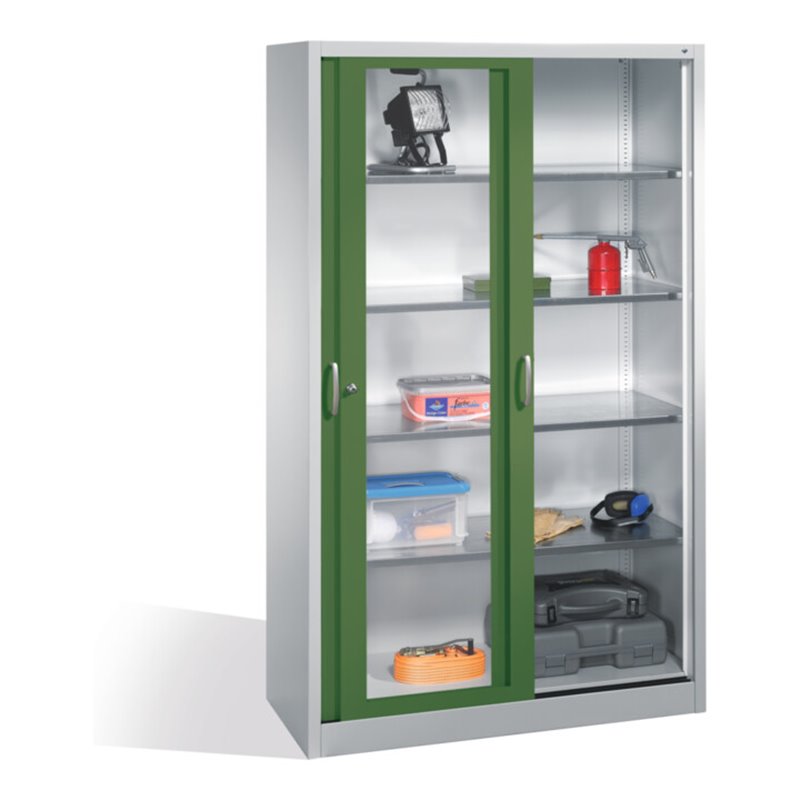 C+P Werkzeugschrank mit Sichtfenster-Schiebetüren, 4 Böden, H1950xB1200xT500mm Front Resedagrün Korpus Lichtgrau