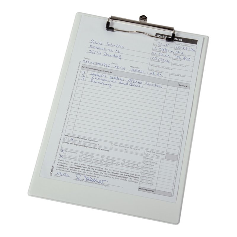 Eichner Klemmbrett A4, weiß, Format 232x338 mm + Blockklammer und Öse