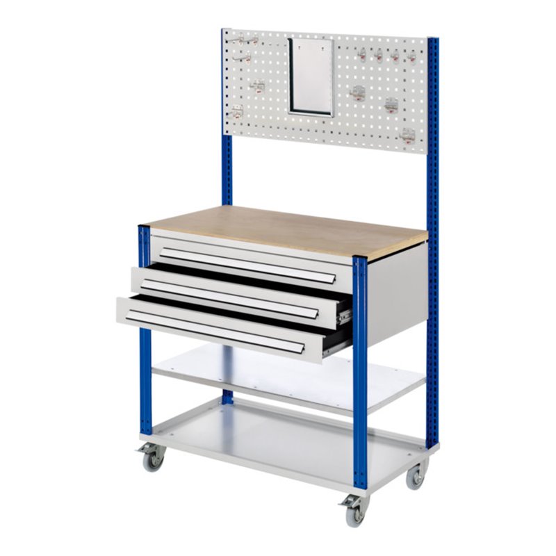Kappes Mobile Arbeitsstation RAL 7035/5010 B1000 mm 3 Schubladen Lochplatte mit Zusatzboden