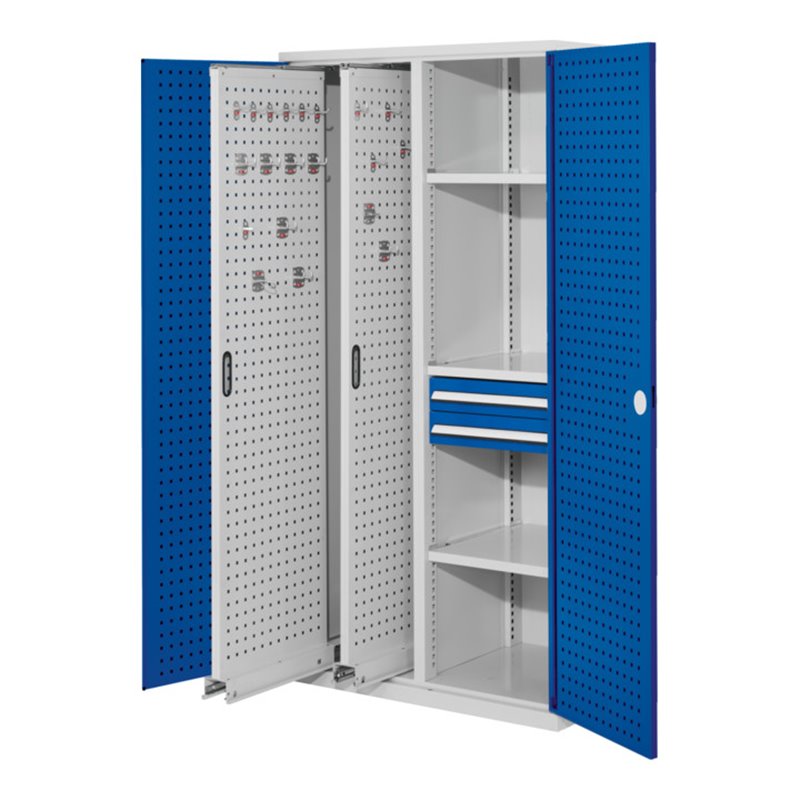 Kappes Vertikalschrank RasterPlan Mod. 81 RAL 7035/5010 Tür innen Lochplatten mit Ausstattung