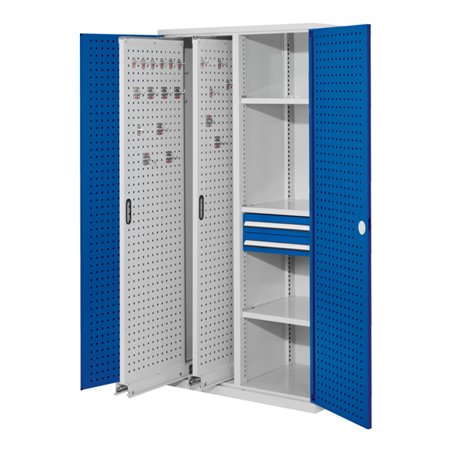 Kappes Vertikalschrank RasterPlan Mod. 81 RAL 7035/5010 Tür innen Lochplatten mit Ausstattung