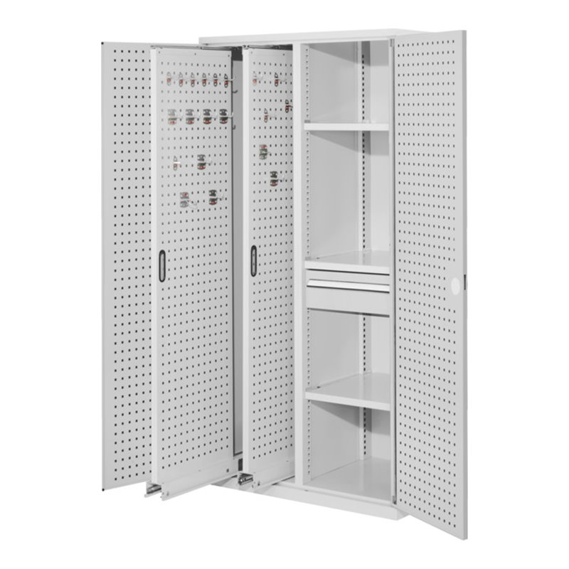 Kappes Vertikalschrank RasterPlan Mod. 82 RAL 7035 Tür innen Lochplatten mit Ausstattung