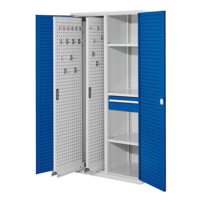 Kappes Vertikalschrank RasterPlan Mod. 82 RAL 7035/5010 Tür innen Lochplatten mit Ausstattung