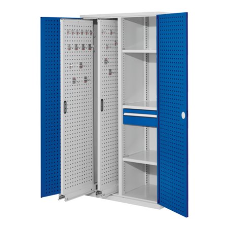 Kappes Vertikalschrank RasterPlan Mod. 82 RAL 7035/5010 Tür innen Lochplatten mit Ausstattung