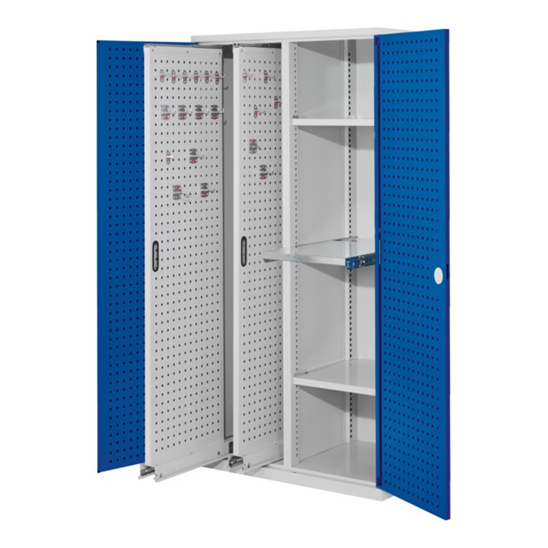 Kappes Vertikalschrank RasterPlan Mod. 84 RAL 7035/5010 Tür innen Lochplatten mit Ausstattung