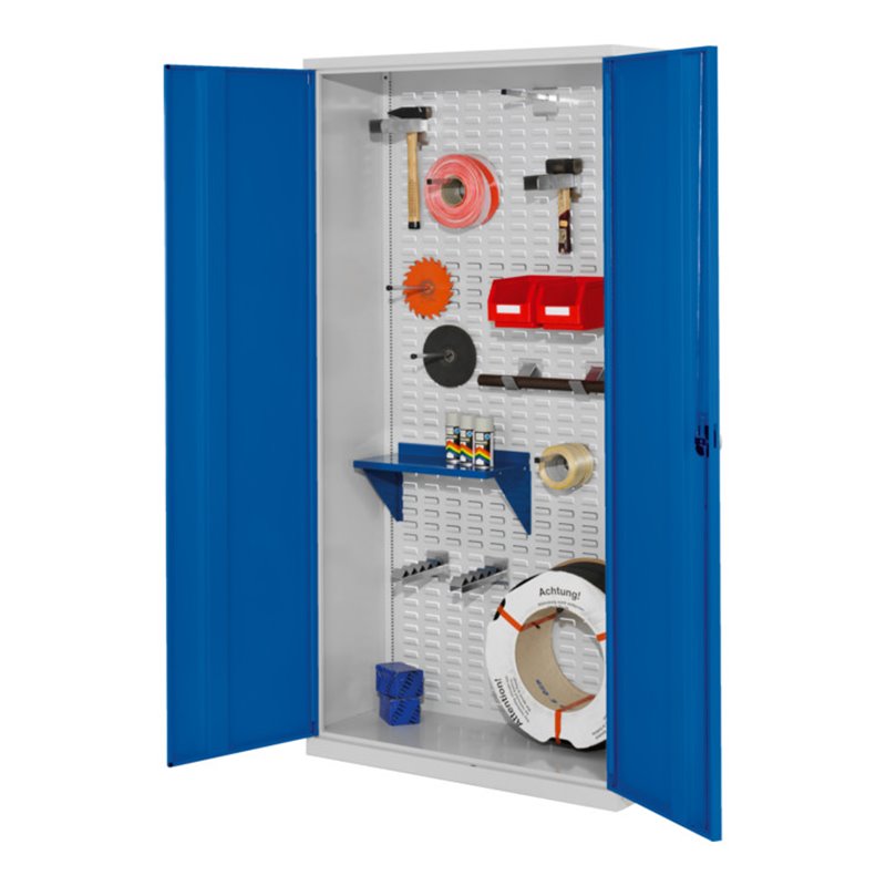 Kappes Werkstückschrank RasterPlan mit Schlitzplattenrückwand RAL 7035/5010 Vollblechtüren