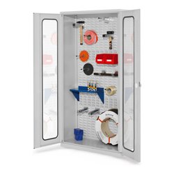 Kappes Werkstückschrank RasterPlan mit Schlitzplattenrückwand RAL 7035 Sichtfenstertüren