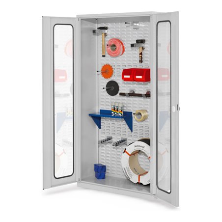 Kappes Werkstückschrank RasterPlan mit Schlitzplattenrückwand RAL 7035 Sichtfenstertüren