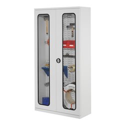 Kappes Werkstückschrank RasterPlan mit Schlitzplattenrückwand RAL 7035 Sichtfenstertüren