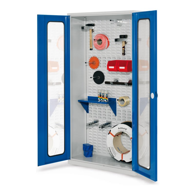 Kappes Werkstückschrank RasterPlan mit Schlitzplattenrückwand RAL 7035/5010 Sichtfenstertüren