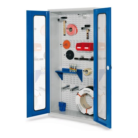 Kappes Werkstückschrank RasterPlan mit Schlitzplattenrückwand RAL 7035/5010 Sichtfenstertüren