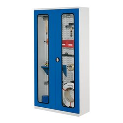 Kappes Werkstückschrank RasterPlan mit Schlitzplattenrückwand RAL 7035/5010 Sichtfenstertüren