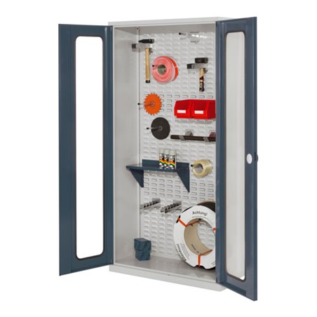 Kappes Werkstückschrank RasterPlan mit Schlitzplattenrückwand RAL 7035/7016 Sichtfenstertüren