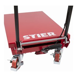 STIER Scheren-Hubtischwagen 150kg Traglast mit klappbarem Bügel