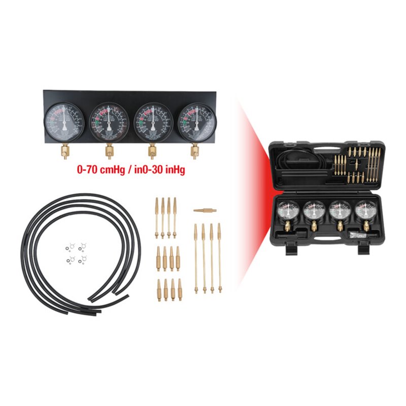 KS Tools Synchron-Vergaser-Testgerät mit 4 Synchronuhren, 28-teilig