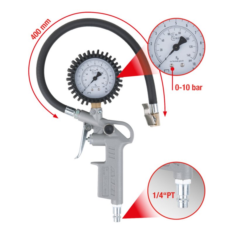KS Tools Geeichter Druckluft-Reifenfüllmesser, 0-10 bar