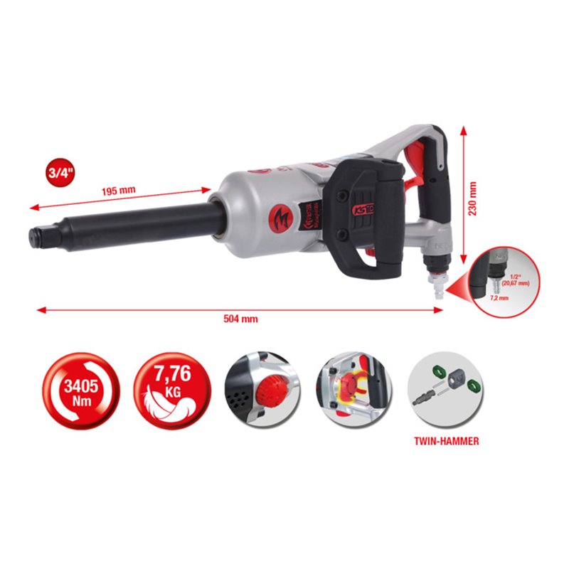 KS Tools 3/4' superMONSTER Hochleistungs-Druckluft-Schlagschrauber 3405Nm 504mm