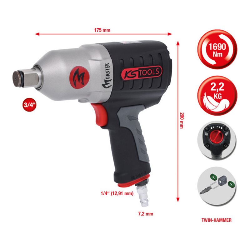 KS Tools 3/4' MONSTER Hochleistungs-Druckluft-Schlagschrauber 1690Nm