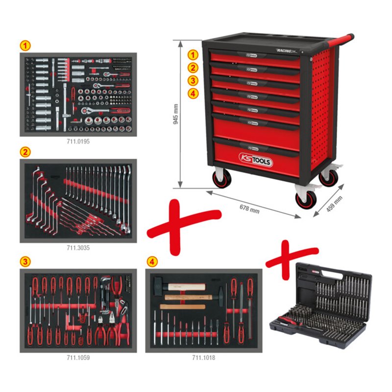 KS Tools RACINGline SCHWARZ/ROT Werkstattwagen mit 7 Schubladen und 515 Premium-Werkzeugen