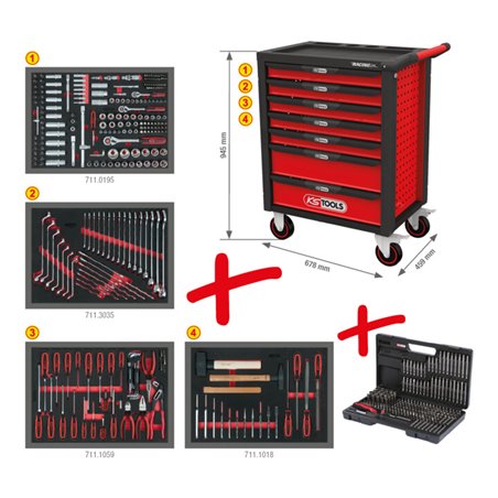 KS Tools RACINGline SCHWARZ/ROT Werkstattwagen mit 7 Schubladen und 515 Premium-Werkzeugen