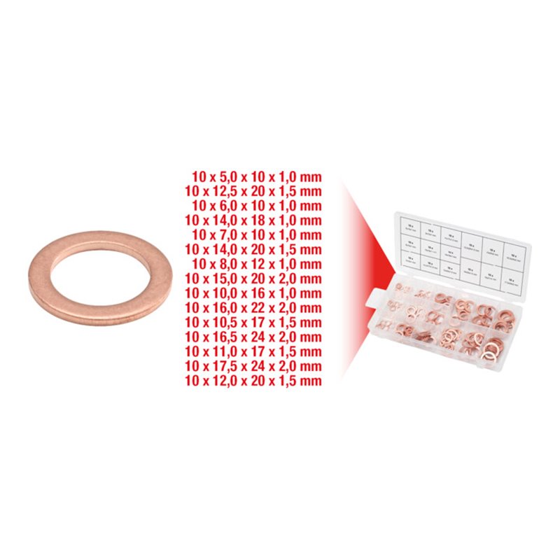 KS Tools Sortiment Kupfer-Dichtringe, Ø 5-17,5mm, 150-teilig