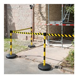 Moravia Gurt-Warnständer BASIC mit schwarz/gelb schraffiert Band Länge 3000 mm, 50 x 950 mm