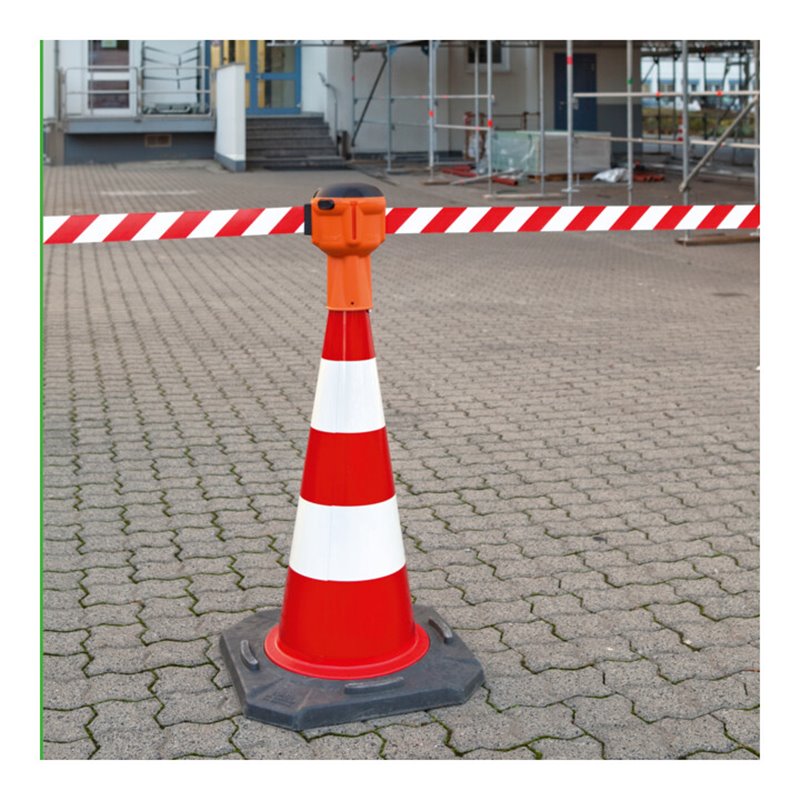 Moravia Kegel-Gurt mit ausziehbarem Absperrband 50mm x 9m rot/weiß schraffiert