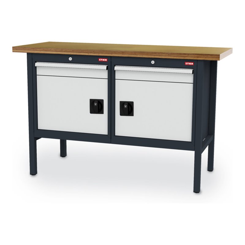 STIER Werkbank mit 2 Schubladen und 2 Türen BxTxH 1500x600x960 mm RAL 7016 / RAL 7035