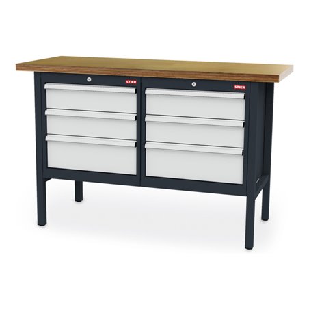 STIER Werkbank mit 6 Schubladen BxTxH 1500x600x960 mm RAL 7016 / RAL 7035