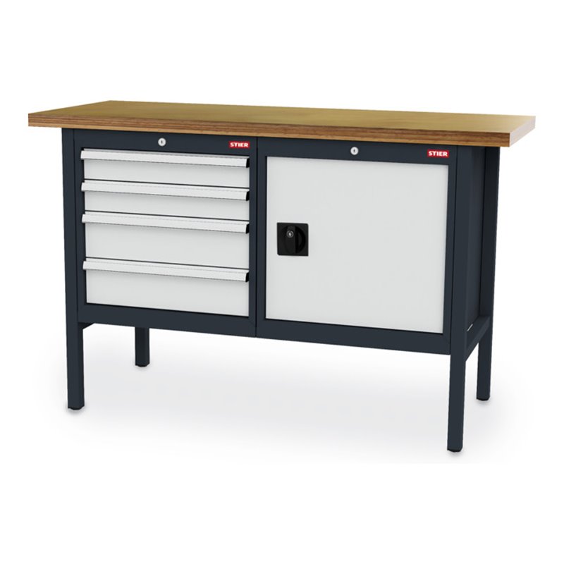 STIER Werkbank mit 4 Schubladen und 1 Tür BxTxH 1500x600x960 mm RAL 7016 / RAL 7035