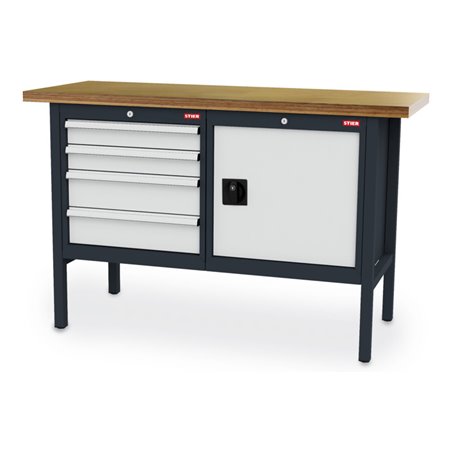 STIER Werkbank mit 4 Schubladen und 1 Tür BxTxH 1500x600x960 mm RAL 7016 / RAL 7035
