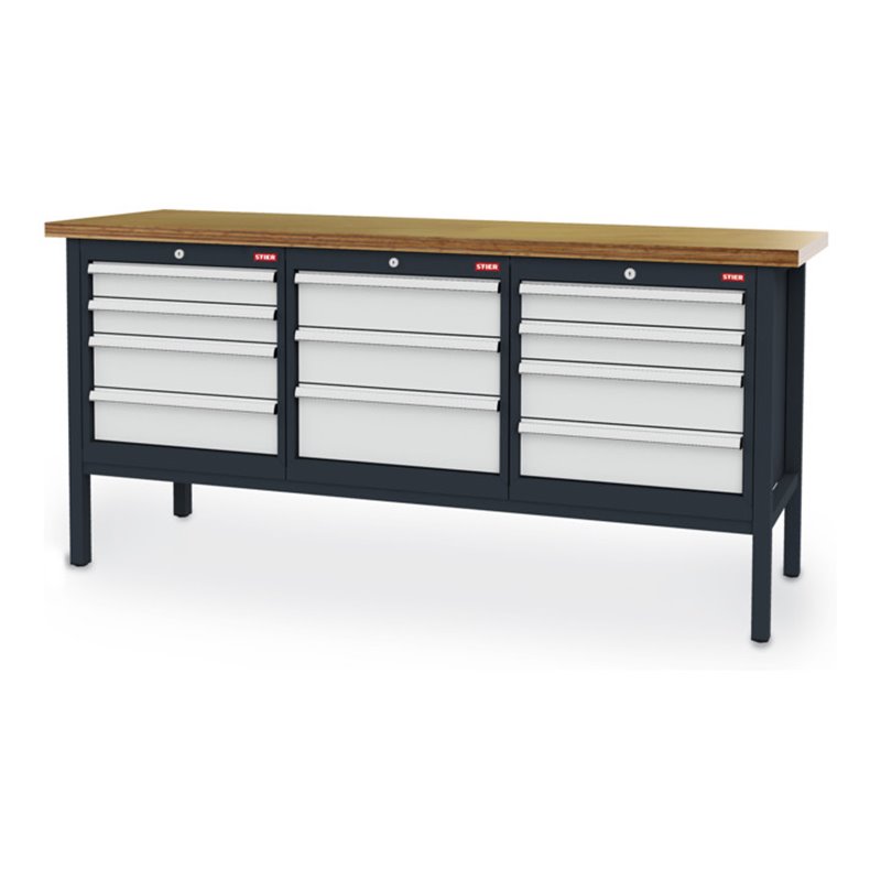 STIER Werkbank mit 11 Schubladen BxTxH 2000x600x960 mm RAL 7016 / RAL 7035