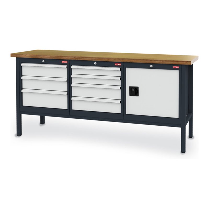 STIER Werkbank mit 7 Schubladen und 1 Tür BxTxH 2000x600x960 mm RAL 7016 / RAL 7035
