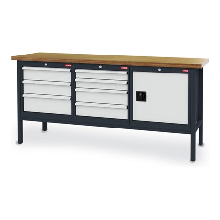 STIER Werkbank mit 7 Schubladen und 1 Tür BxTxH 2000x600x960 mm RAL 7016 / RAL 7035